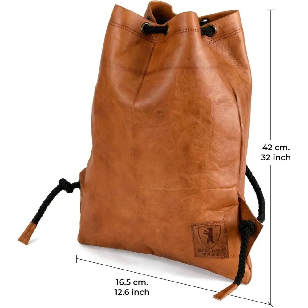 Women's Brown Vintage Genuine Leather Gym Bag Drawstring Imported Backpack